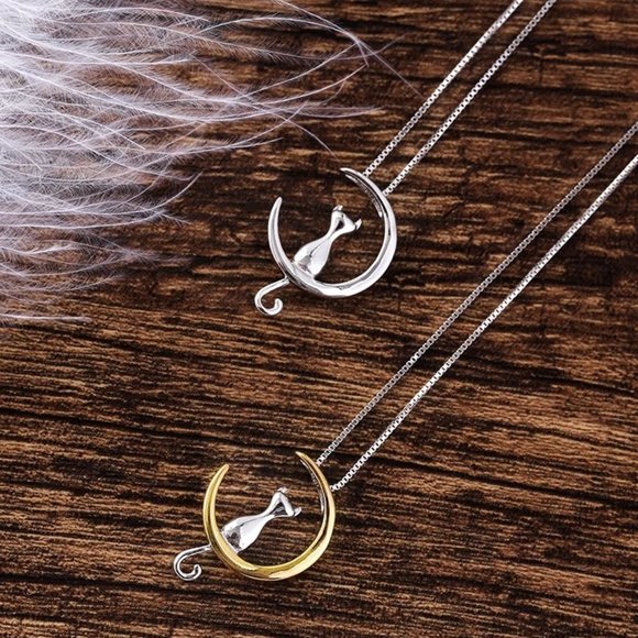 14k Gold Adorable Cat Moon Sterling Silver Necklace - Picture 9 of 16
